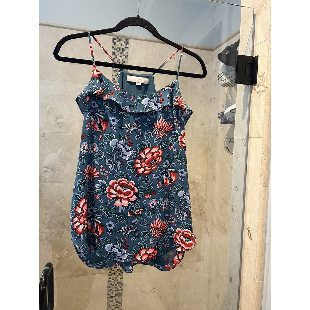 LOFT Womens Small Blue Floral Sleeveless Tunic Blouse Ruffle Neck Tank Top